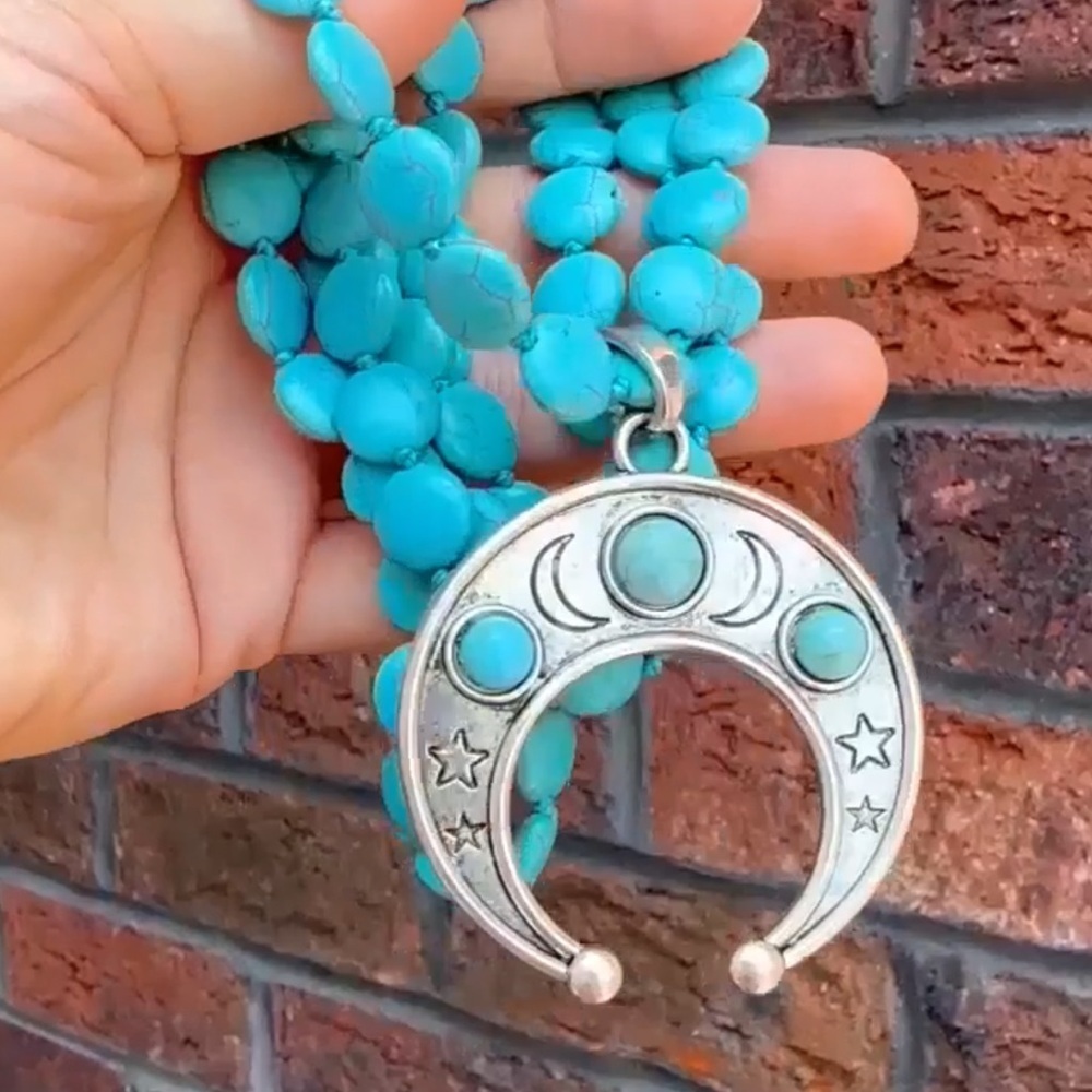 Anthropologie Turquoise Moon Natural Stone Beads Bohemian Western Necklace - Picture 7 of 8